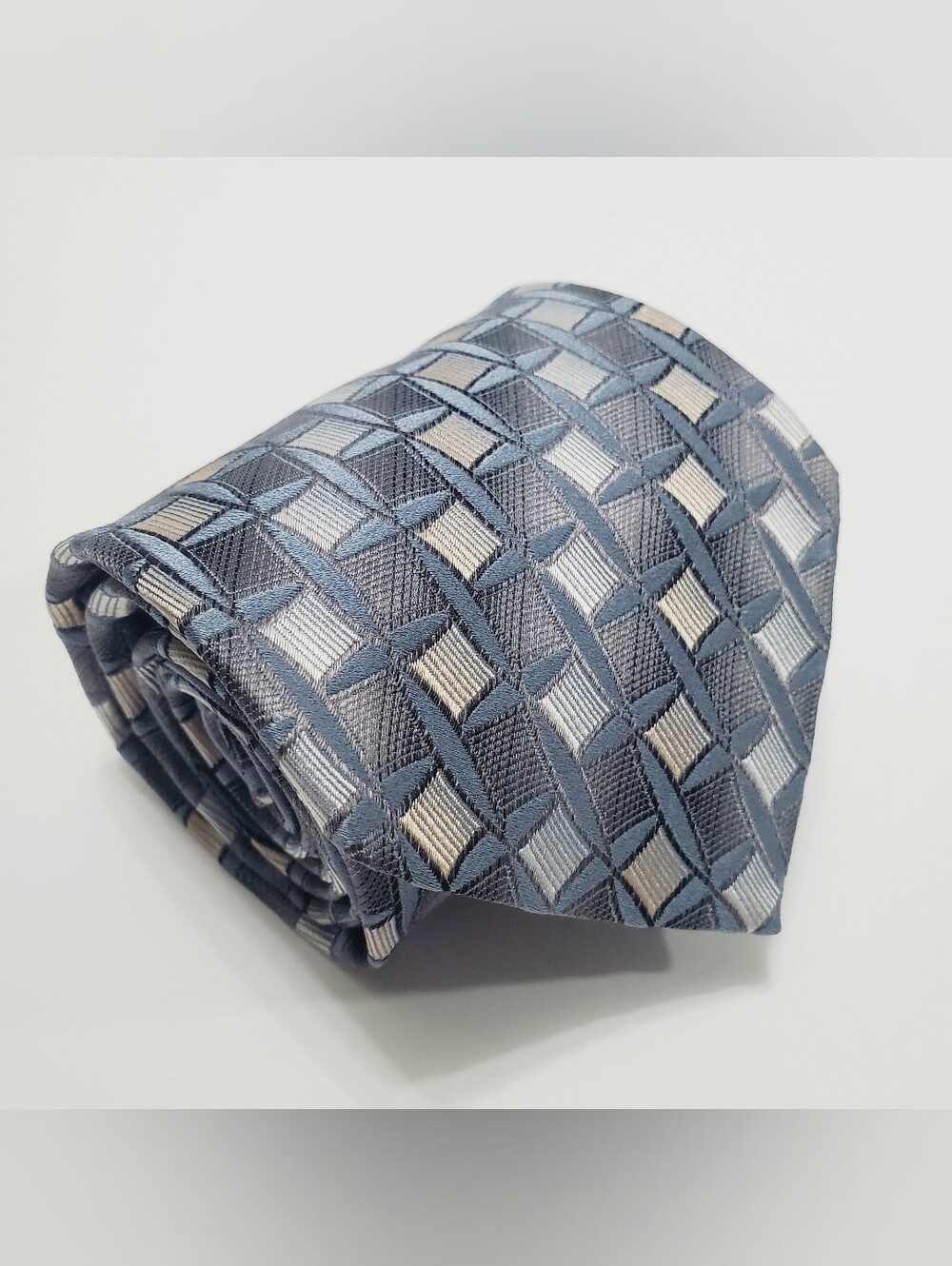 Pronto Uomo Men's Italian Silk Neck Tie Blue Geometric Pattern Jacquard Fabric